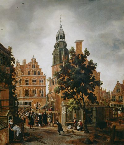 Der Münzturm mit einem Quacksalber, der seine Waren lobt, Amsterdam von Sybrandt van Beest